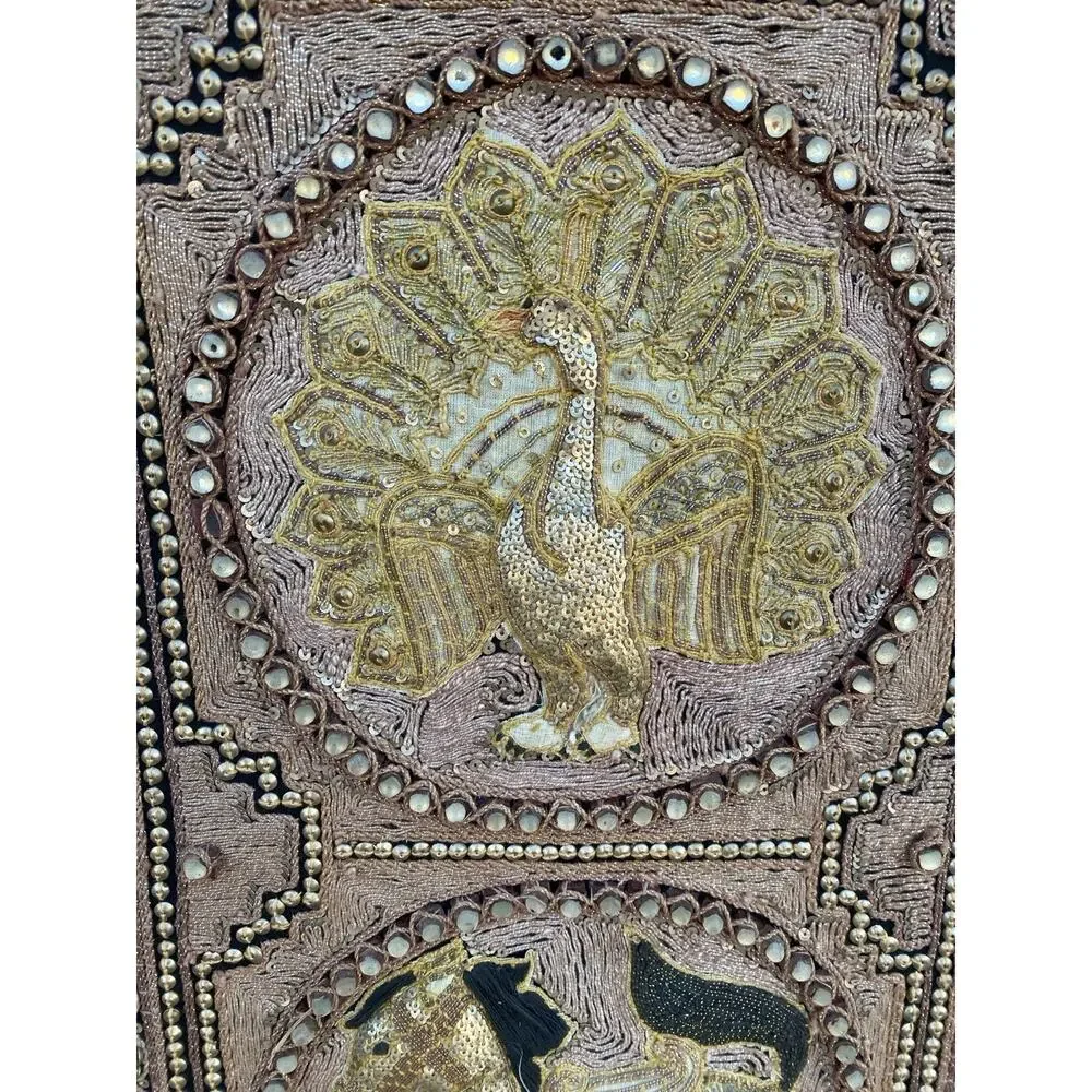 Vtg Burmese Thai Kalaga Tapestry Wall Art Elephant Peacock Lion Beaded 54” Large - Picture 15 of 16